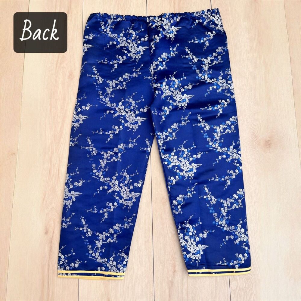 Vintage Chinese Blue Plum Blossom Satin Jacquard Cropped Pajama Pants 34" Waist - Picture 14 of 16